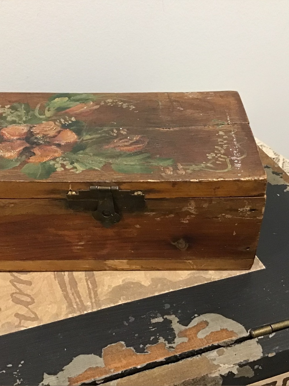Vintage Hand Painted Wooden Keepsake Box Folk Art Floral Rustic Primitive